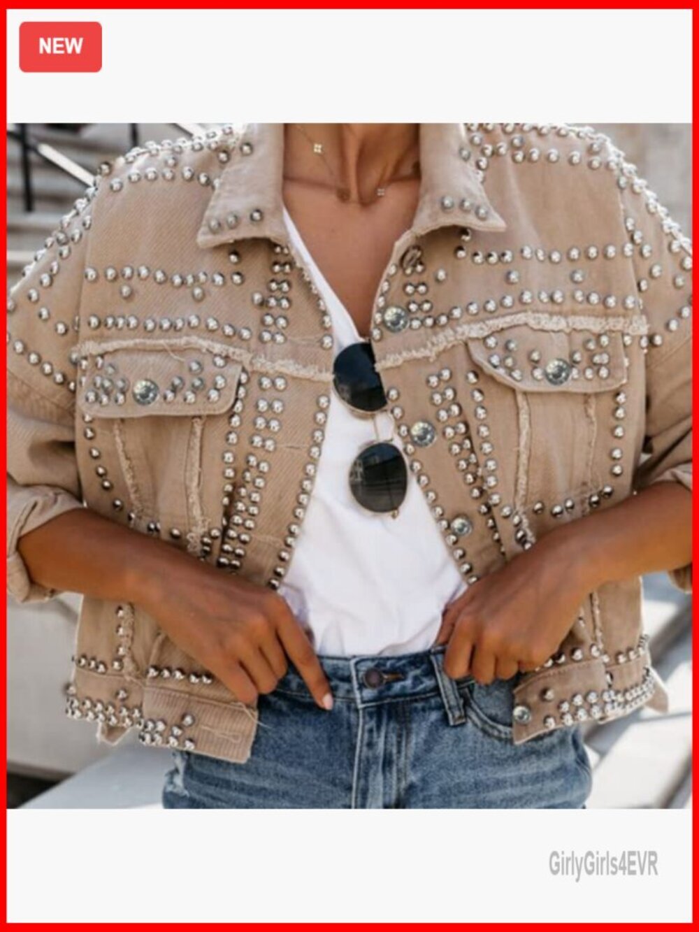 Long Sleeve Studded Denim Jacket Loose Fit Western Style - Picture 5 of 7